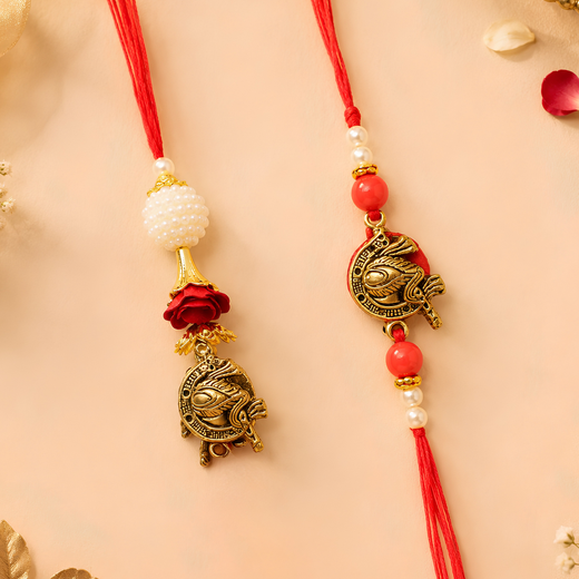 Pair Rakhi - Red Flower and White Beads Design