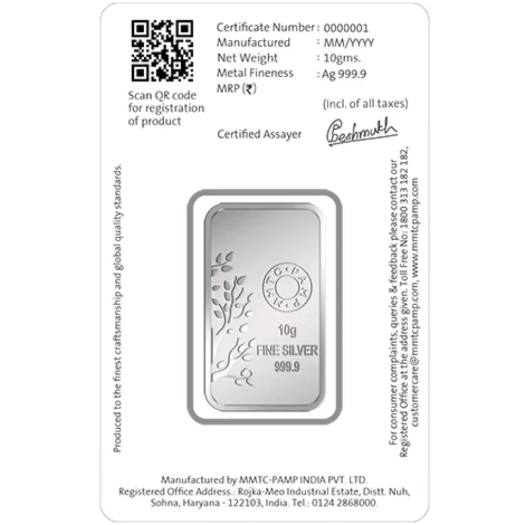 MMTC Banyan Tree, Silver Finish, Bar Shape, Single (10 Gram), 999 Purity Silver Coin - Ready To Ship