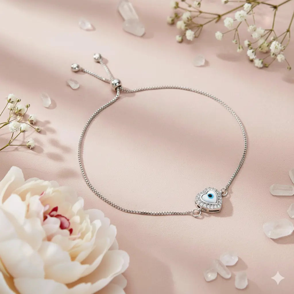 Heart-Shaped Evil Eye Charm with Stones – Silver Chain Nazariya Bracelet cum Anklet - 925 Sterling Silver