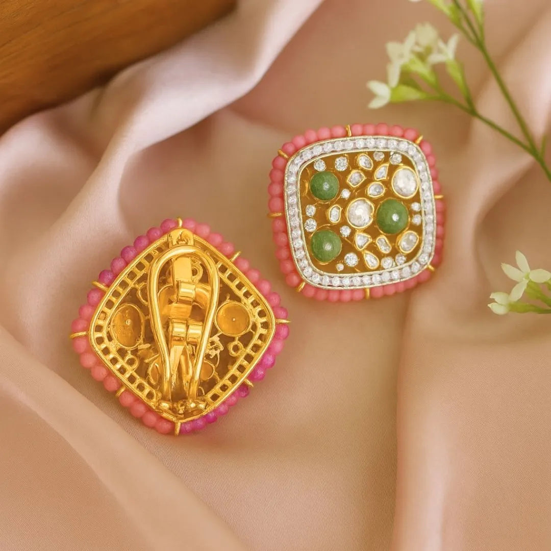 Pink & Green Cluster Polki Earrings - 22K Gold Plated, 92.5 Pure Silver Base