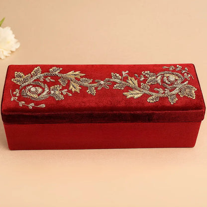 Dark Red Velvet Chooda Box With Vine Design, Rectangle