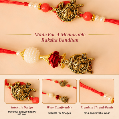 Pair Rakhi - Red Flower and White Beads Design