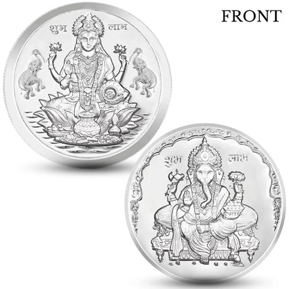 Lakshmi Ji & Ganesh Ji, Silver Finish, Round Shape, Set of 2 Coins (20 Gram Each), Happy Diwali Packaging, 999 Purity Silver Coin - Ready To Ship