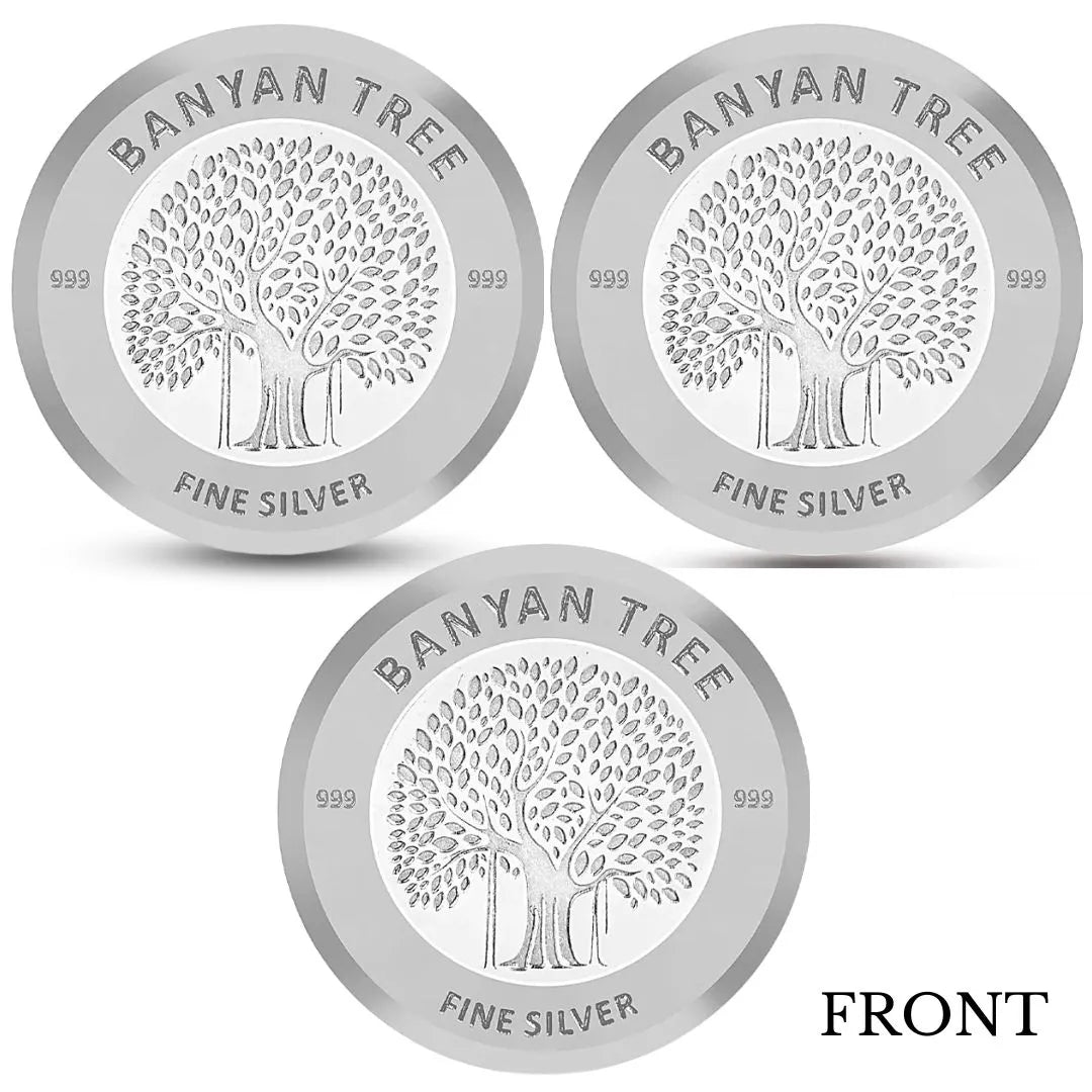 Banyan Tree Design, Silver Finish, Round Shape, Set of 3 Coins (3 Gram Each), 999 Purity Silver Coin - Customizable Packaging