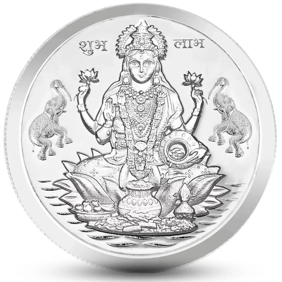 Lakshmi Ji & Ganesh Ji, Silver Finish, Round Shape, Set of 2 Coins (20 Gram Each), Happy Diwali Packaging, 999 Purity Silver Coin - Ready To Ship