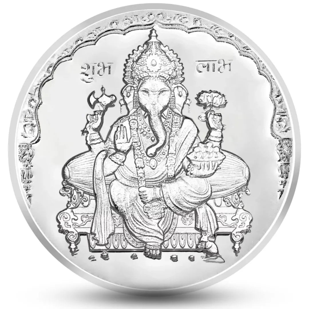 Lakshmi Ji & Ganesh Ji, Silver Finish, Round Shape, Set of 2 Coins (20 Gram Each), Happy Diwali Packaging, 999 Purity Silver Coin - Ready To Ship