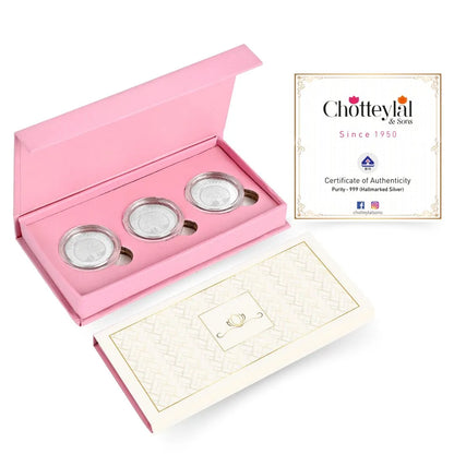 Banyan Tree Design, Silver Finish, Round Shape, Set of 3 Coins (3 Gram Each), 999 Purity Silver Coin - Customizable Packaging