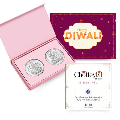 Lakshmi Ji & Ganesh Ji, Silver Finish, Round Shape, Set of 2 Coins (20 Gram Each), Happy Diwali Packaging, 999 Purity Silver Coin - Ready To Ship