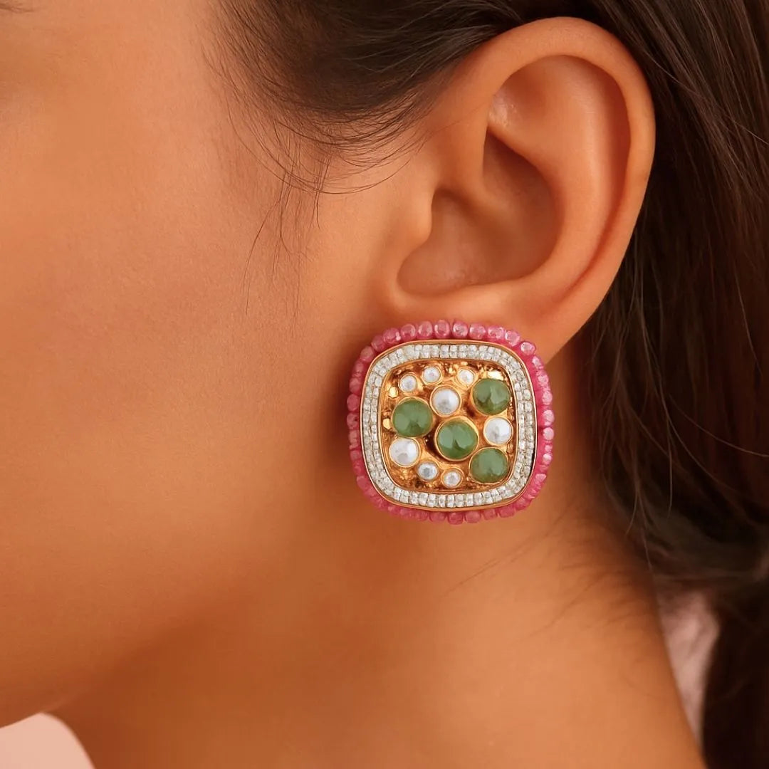 Pink & Green Cluster Polki Earrings - 22K Gold Plated, 92.5 Pure Silver Base