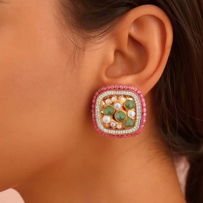 Pink & Green Cluster Polki Earrings - 22K Gold Plated, 92.5 Pure Silver Base