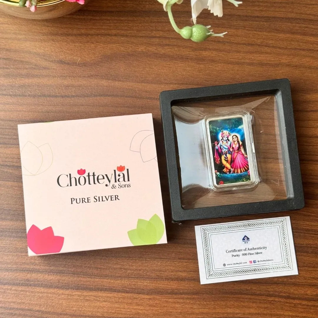 Radha Krishna, Silver, Bar Shape UV Print, 10 gm, 999 Purity Silver Coin - Ready To Ship