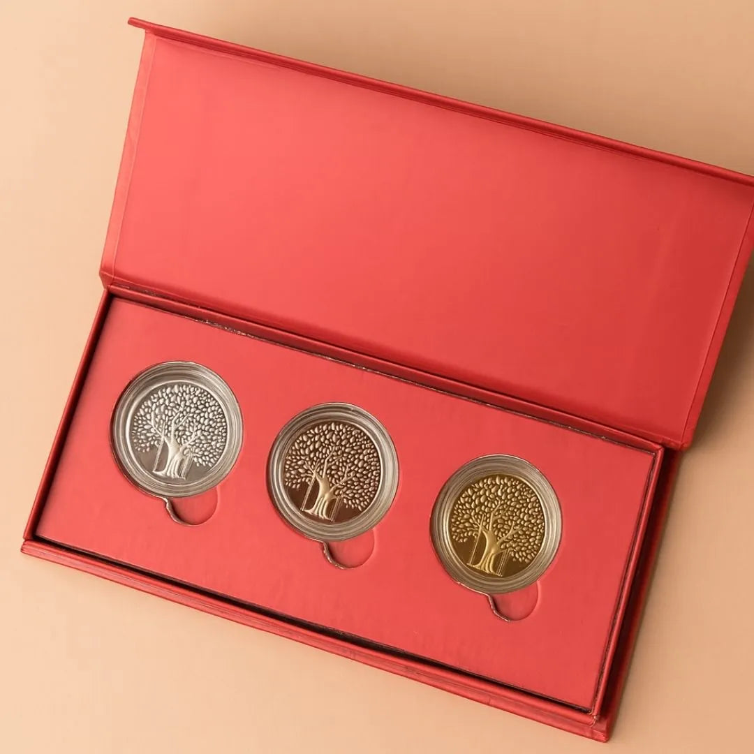 Banyan Tree Design, Tri-Color, Round, Set of 3 Coins (3 Gram Each), 999 Purity Silver Coin - Ready To Ship