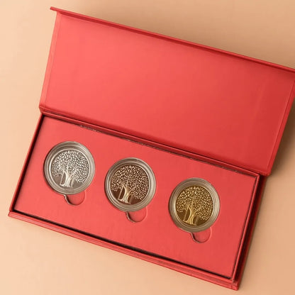 Banyan Tree Design, Tri-Color, Round, Set of 3 Coins (3 Gram Each), 999 Purity Silver Coin - Ready To Ship