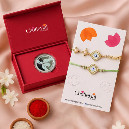 Combo: Happy Rakhi Gift - Rakhi On Hand Coin (10 Gram) + 2 Rakhi - 999 Purity Silver Coin