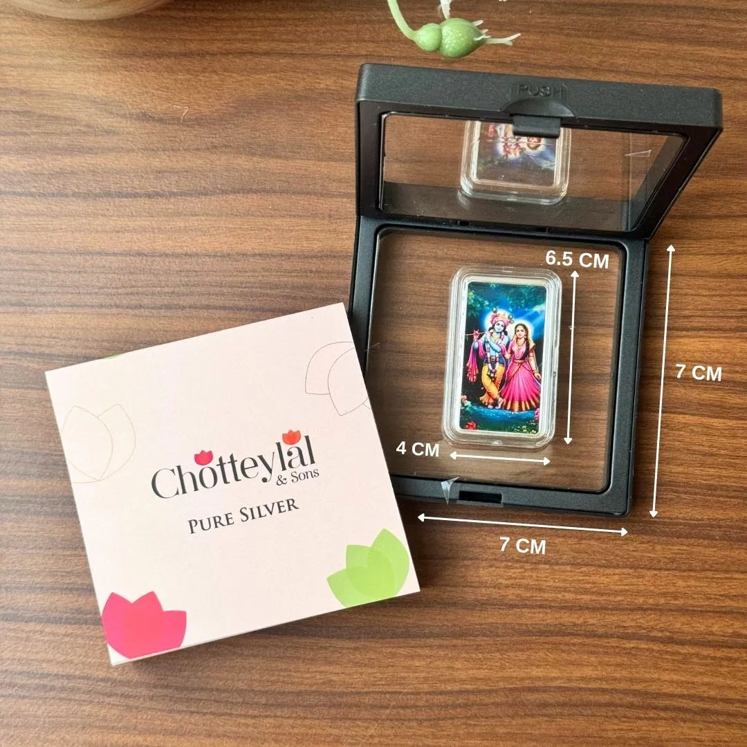 Radha Krishna, Silver, Bar Shape UV Print, 10 gm, 999 Purity Silver Coin - Ready To Ship