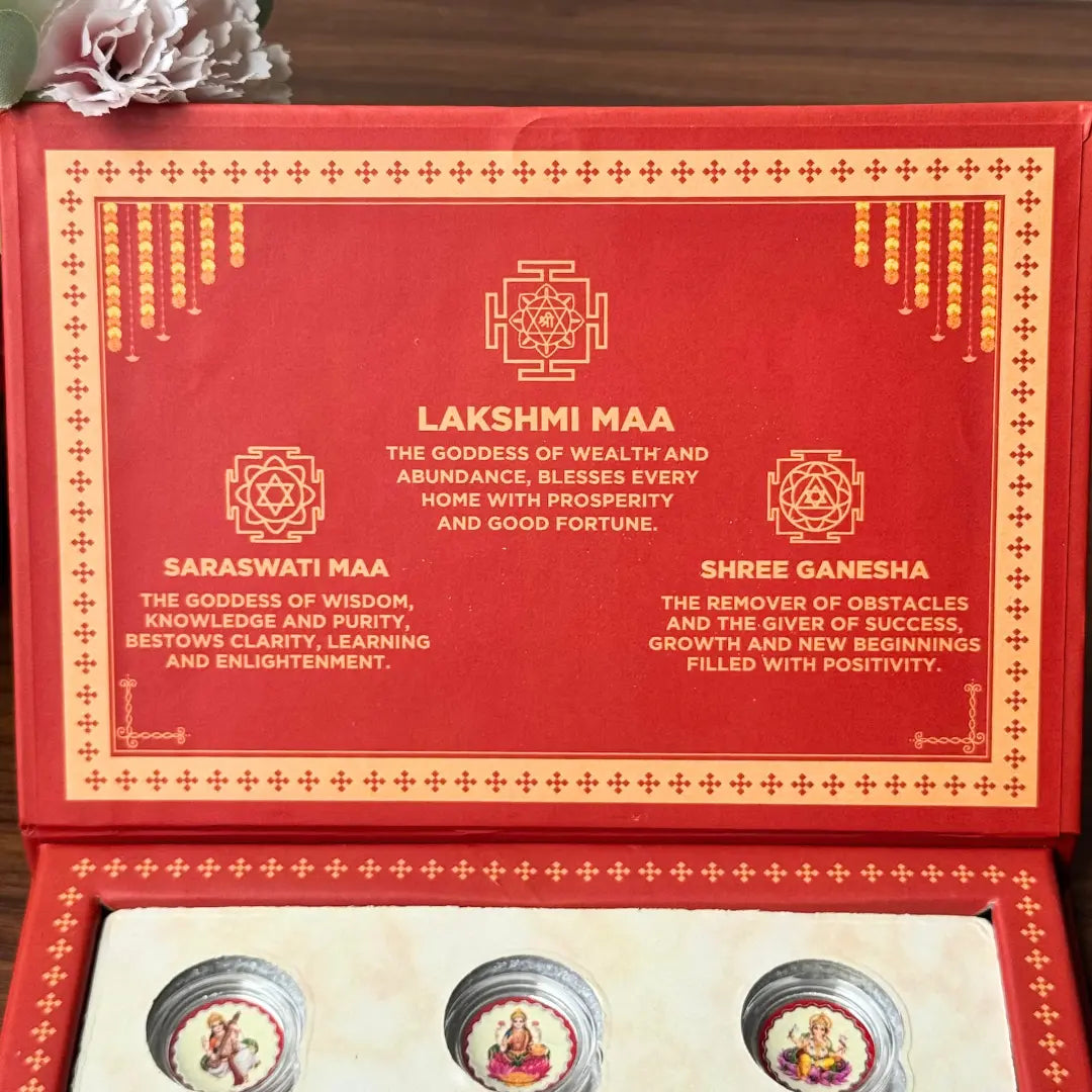 Laxmi, Ganesh, Saraswati ji, Silver, Folder Box, 6 Coins (1 GM Each), 999 Purity Silver Coins