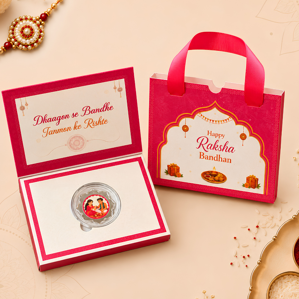 Premium Rakhi Silver Coin Gift Box with Carry Bag