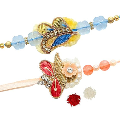 Men's Rakhi - Set of 2 Designer Shape Peach , Blue  Pearl Beads