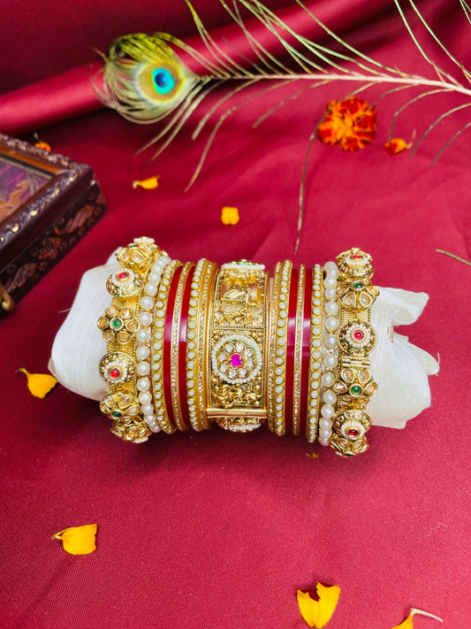 Traditional Red and Gold Kada Set adorned with Pearls