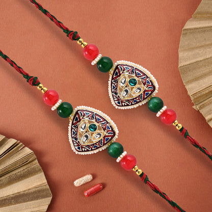 Men's Rakhi - Trillion Shape Raklhi Kundan and Beads Design - Set of 2