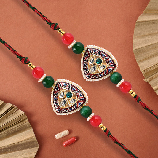 Men's Rakhi - Trillion Shape Raklhi Kundan and Beads Design - Set of 2