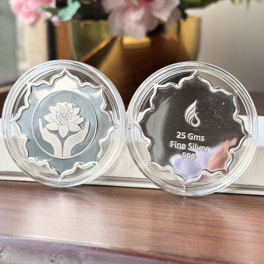 Lotus In Hand Design, Silver Finish, Lotus Shape, Set  of 2 Coins (25 Grams Each), 999 Purity Silver Coin - Ready To Ship