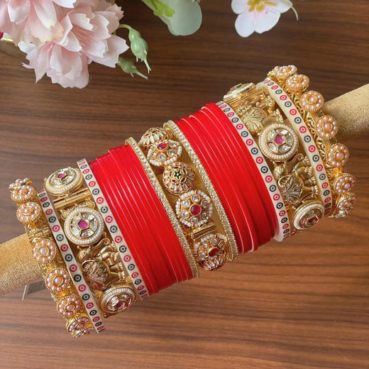 Pearl Padmavat Style Red Chooda - With Elephant & Pearl Pacheli Kadas
