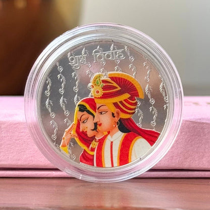 Colorful Shubh Vivah, UV Printed, Round Shape, Single (10 Gram), 999 Purity Silver Coin - Ready To Ship