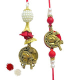 Pair Rakhi - Red Flower and White Beads Design