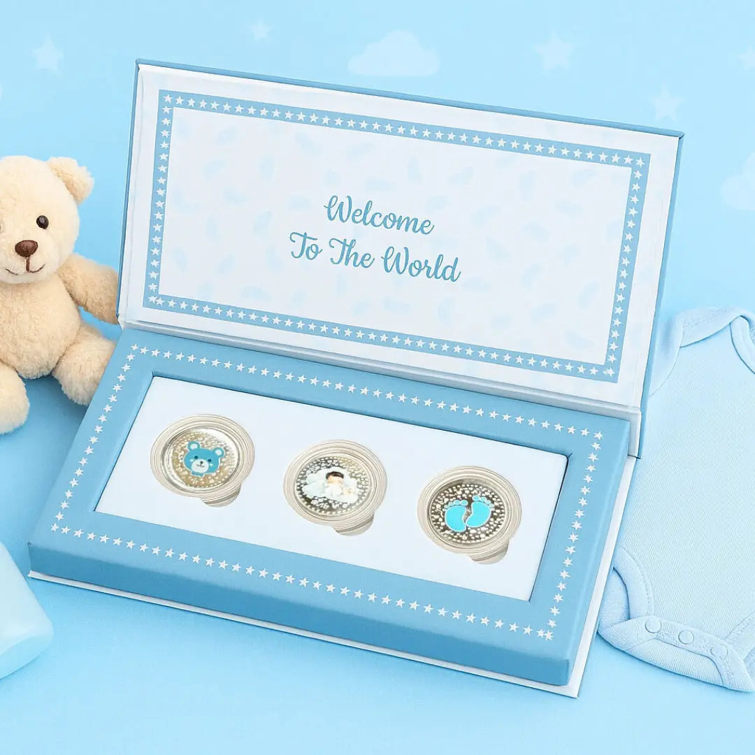 Welcome Little Prince Baby Boy UV Printed Silver Coin Box Set (3 Coins x 1gm Each)