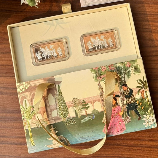 Shubh Vivah Baraati Design, Rose Gold Finish, Dollar Shape, Set of 2 (10 Gram Each) ,999 Silver Coin Box Set – Ready to Ship