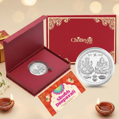 Laxmi Ganesh Ji 999 Pure Silver Coin, 10 GM with Happy Diwali Card