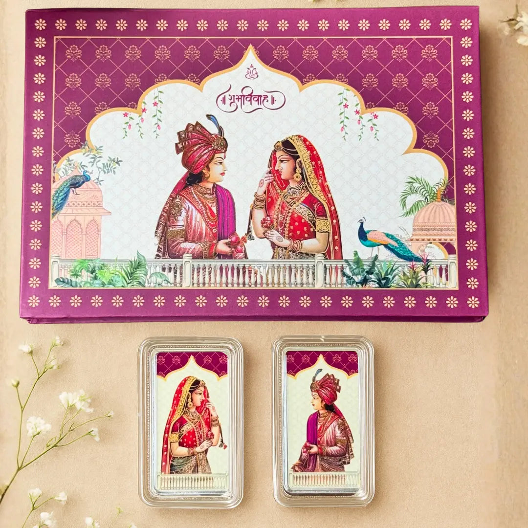 999 Pure Silver Raja & Rani Wedding Bar Coin Set – 20gm