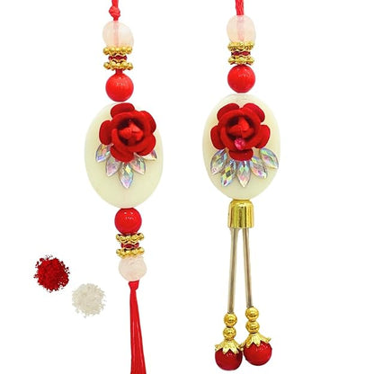 Pair Rakhi - Red Flower and White Beads Design