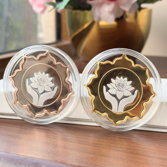 Lotus In Hand Design, Rose Gold & Gold Finish, Lotus Shape, Set  of 2 Coins (25 Grams Each), 999 Purity Silver Coin - Ready To Ship