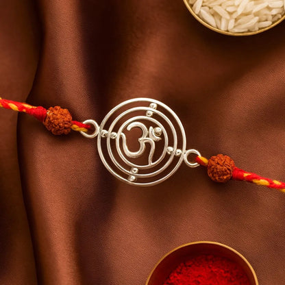 Sacred Bond Rakhi – Om with Rudraksha Detailing in 92.5 Silver