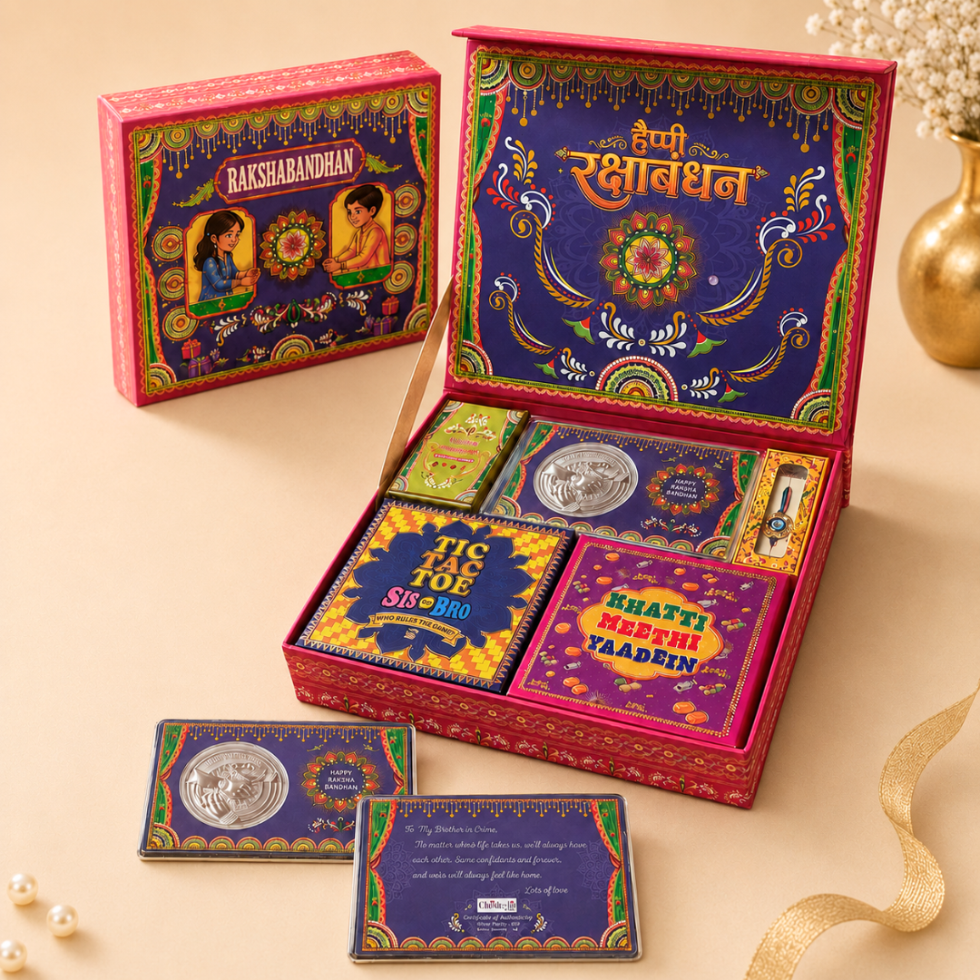 Happy Rakhi 6-In-1 Gift Hamper - 999 Silver Coin + 5 Gifts