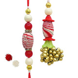 Pair Rakhi - Red Flower and White Beads Golden Bunch