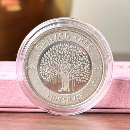 Banyan Tree Design, Matt Silver Finish, Round Shape, Single (10 Gram), 999 Purity Silver Coin - Ready To Ship