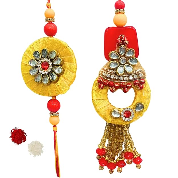 Pair Rakhi - Set of 3 Rings  with  Yellow Thread  Red Stone