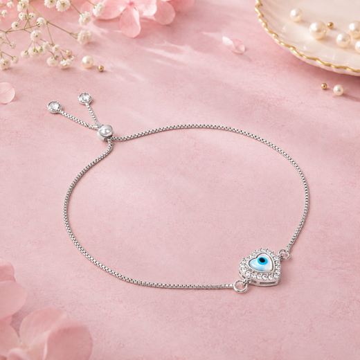 Heart-Shaped Evil Eye Charm with Stones – Silver Chain Nazariya Bracelet cum Anklet - 925 Sterling Silver