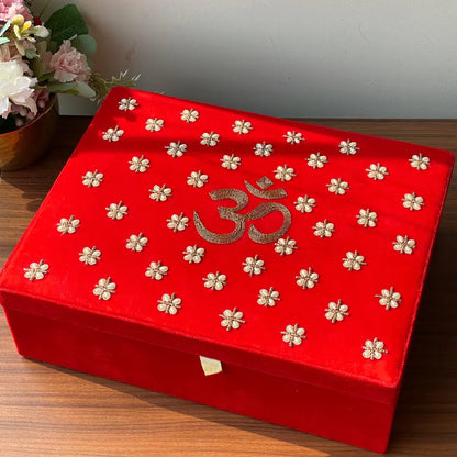 Red Om Motif Velvet Chooda Box With Patterned Design