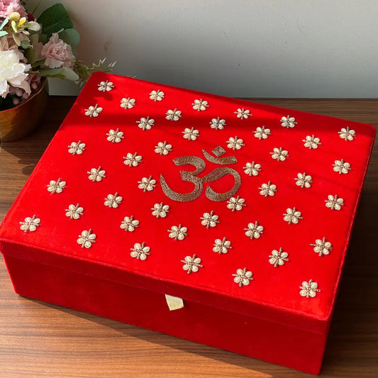 Red Om Motif Velvet Chooda Box With Patterned Design