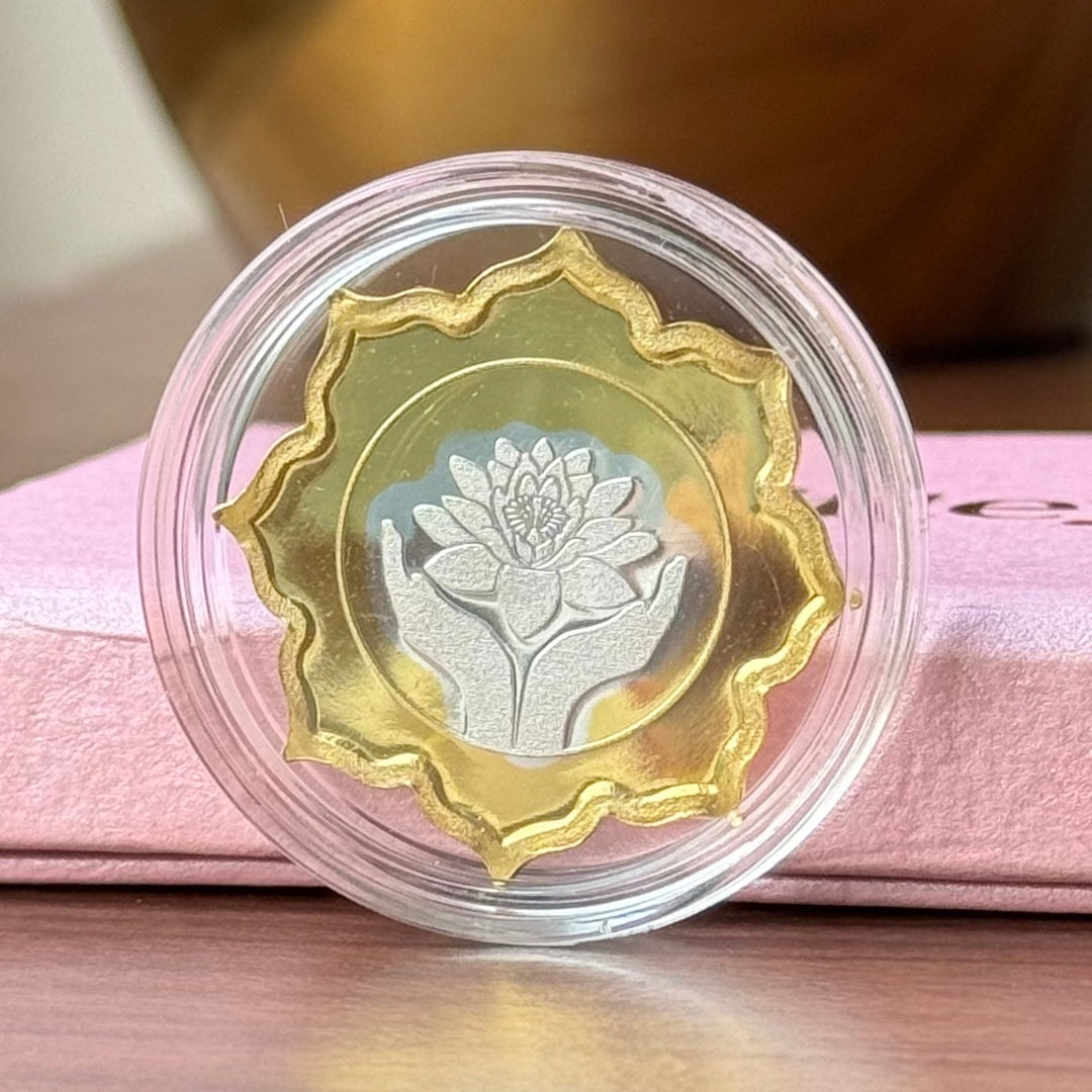 Lotus In Hand Design, Gold Finish, Lotus Shape, Single (5 Gram), 999 Purity Silver Coin - Ready To Ship