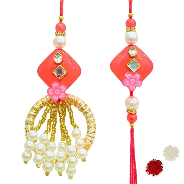 Pair Rakhi - Big Red Stone White Pearls