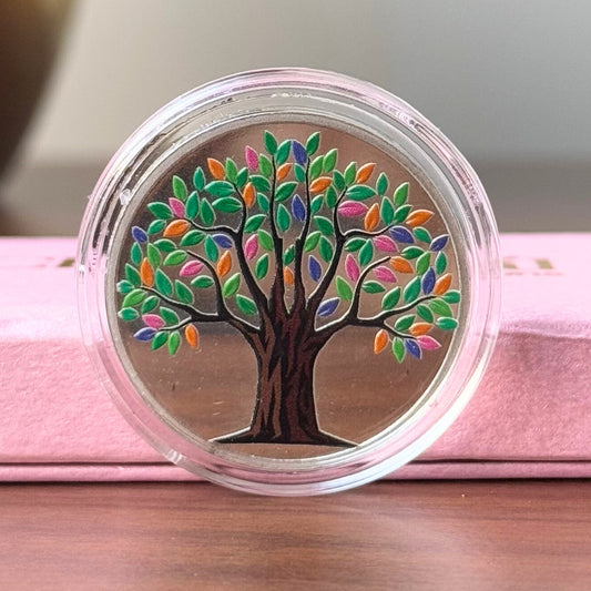 Colorful Banyan Tree Design, UV Printed, Round Shape, Single (10 Gram), 999 Purity Silver Coin - Ready To Ship