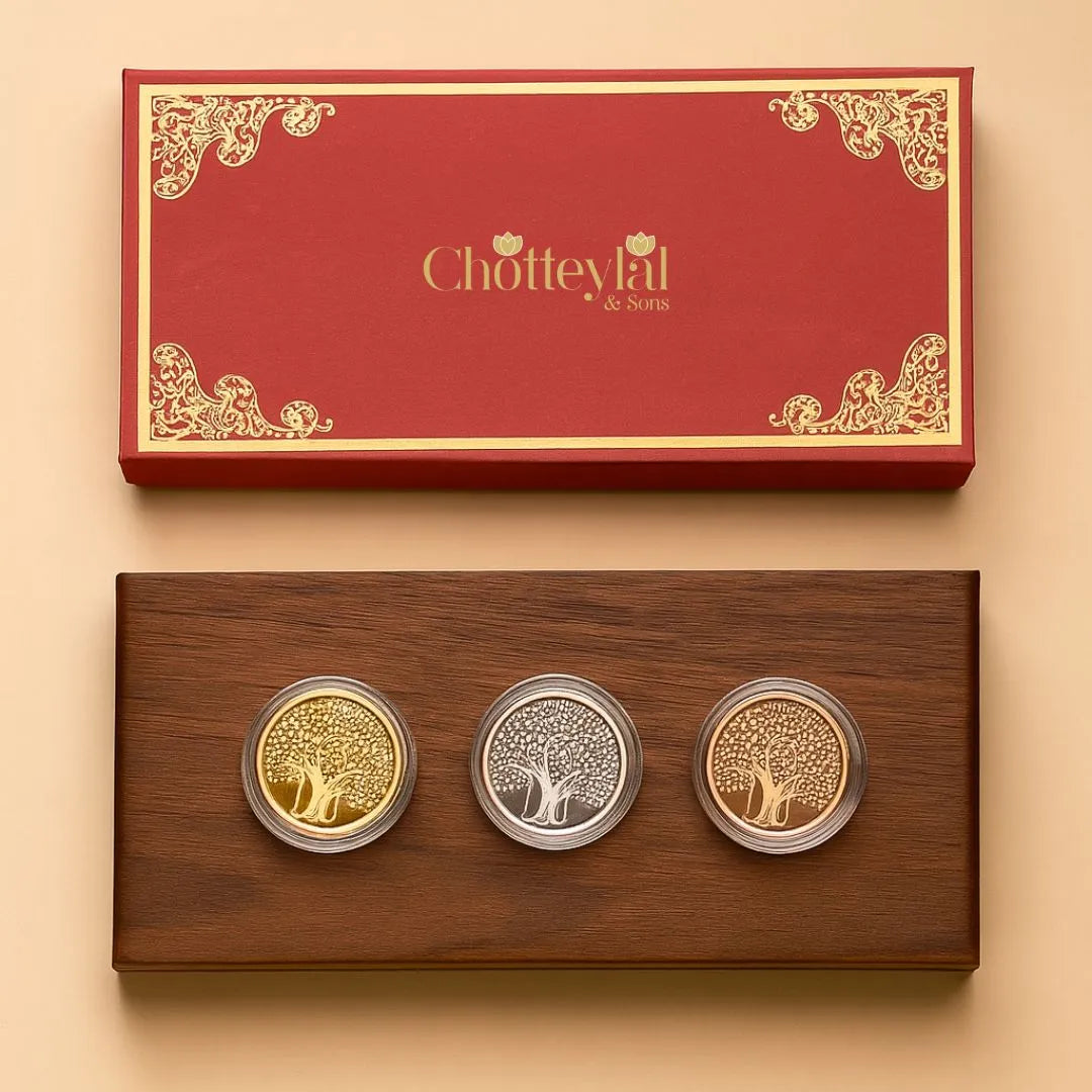Banyan Tree Design, Tri-Color Finish, Round Shape, Set of 3 Coins (3 Gram Each), 999 Purity Silver Coin - Ready To Ship