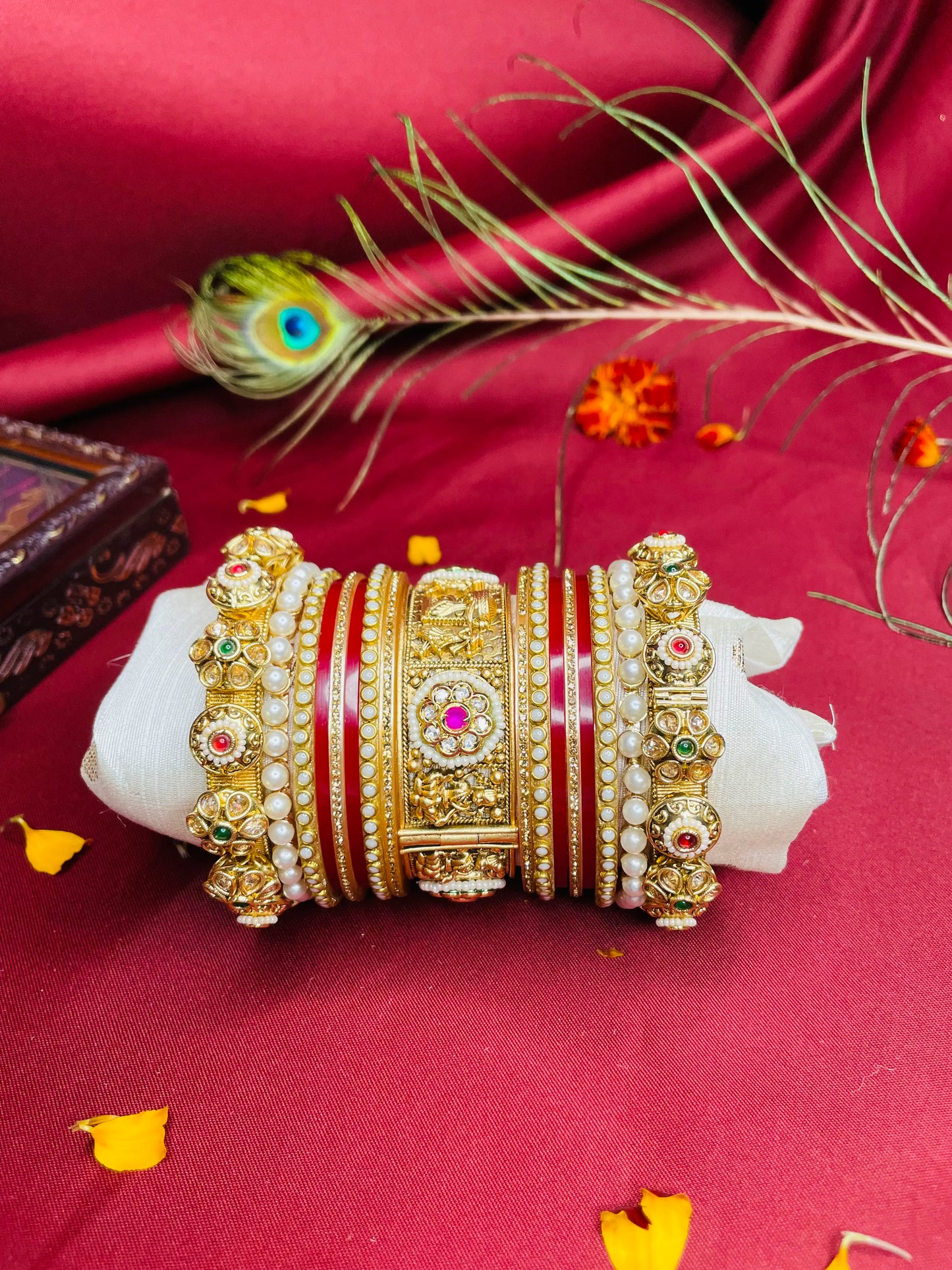 Traditional Red and Gold Kada Set adorned with Pearls