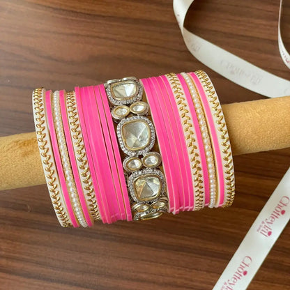 Pink Semi Pearl Chooda – 15-Piece Bridal Set