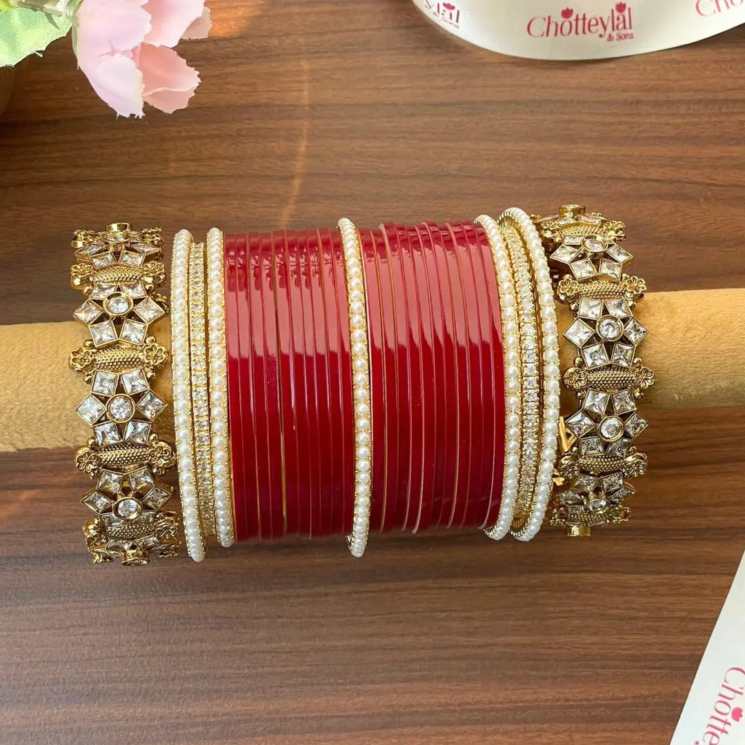 Semi Pearl Maroon Chooda Set of 21